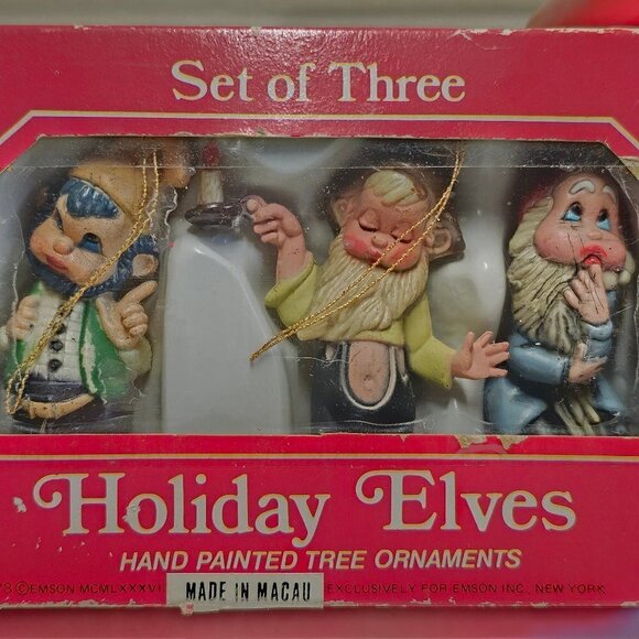 💥231 Emson Vintage Set of 3 Christmas Elf Dwarf Christmas Tree Ornaments - Picture 2 of 6